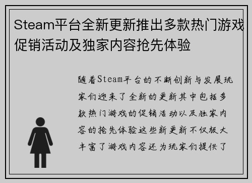 Steam平台全新更新推出多款热门游戏促销活动及独家内容抢先体验